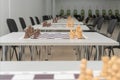 Chess boards with pieces placed before the game. Chess competition or tournament