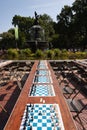 Chess boards waiting for players in Central Park, New York City during the event of \