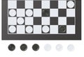 Chess boards on wooden background. Draughts, game with pieces in black and white. Vector