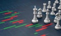 Chess on candle stick graph, planning buy sell on stock market Royalty Free Stock Photo