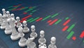 Chess on candle stick graph, planning buy sell on stock market Royalty Free Stock Photo