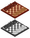 Chess. Chessboard, chessmen on it in black and white and wooden variations. Isometric view Royalty Free Stock Photo