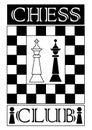 Chess club signboard in monochrome design, chess piece white king and black queen, chessboard designed frame Royalty Free Stock Photo