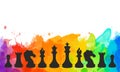 Chess colorful figures pieces tournament game illustration watercolor paint blots background