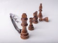 Chess figures with eyeglasse on white background