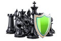 Chess figures with shield. Security and protect or insurance con