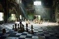 Chess game in an abandoned castle. Urbex. Generative AI Royalty Free Stock Photo