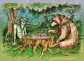 Chess game. The bear and centaur playing chess in the wood