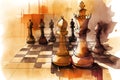 Chess game. Chess king and queen pieces on chess board. Aquarelle, watercolor illustration Royalty Free Stock Photo