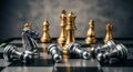 Chess Game with Fallen Silver Pawns and Golden King and Queen strategy board Royalty Free Stock Photo