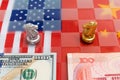 Chess game, A king stand confront the enemies on China and US national flags. Trade war concept. Conflict between two big