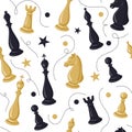 Chess game pattern. Queen and king print. Chessboard figures. Vintage art. Doodle horse and knight. Strategy sketch Royalty Free Stock Photo