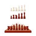 Chess Game Pieces On Chessboard And Stand In Row. Figures King, Queen, Rook, Knight, Bishop, Pawn Isolated On White Royalty Free Stock Photo