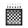 Chess Game Pieces On Chessboard Top View. Black And White Figures King, Queen, Rook, Knight, Bishop, Pawn On Board Royalty Free Stock Photo