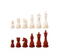 Chess Game Pieces Stand in Row, White and Brown Figures King, Queen, Rook, Knight, Bishop, Pawn Isolated On White Royalty Free Stock Photo