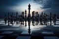 chess game on a reflective surface with a looming, supermoon background