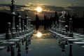 chess game on a reflective surface with a looming, supermoon background