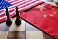 Chess game. Two kings face to face on Chinese and American national flags. Trade war and conflict between two big countries. USA