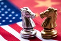 Chess game, two knights face to face on China and US national flags. Trade war concept. Conflict between two big countries, USA