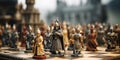 Chess game where the pieces morph into real miniature medieval armies battling on the board , concept of Fantasy war