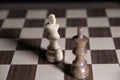 Chess game. White and black pieces are fighting for victory. The Central figure is in focus.