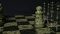 Chess game. White pawn defeats black pawn. Selective focus. Chess pawn defeated pawn. Details of chess piece on black