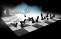 Chess games with floating chess pieces with foggy clouds