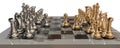 Chess golden metalic with all pawns and battle just begins - 3d rendering