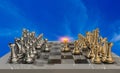 Chess golden metalic and chessboard with all pawns and battle just begins - 3d rendering