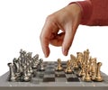 Chess hand move golden  metalic with all pawns and battle just begins - 3d rendering Royalty Free Stock Photo