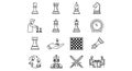 Chess icons representing several pieces, a timer, two people playing, and related illustrations in black and white style Royalty Free Stock Photo