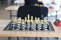 Chess idea. Playing chess on the tournament. Many pieces on chess game board. Strategy concept.