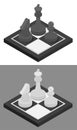Chess isometric concept icon. Chessboard and chess knight, pawn and king on it