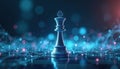 Chess king on digital blue background symbolizes leader impact in cyberspace. AI leader makes decision with binary code network. Royalty Free Stock Photo