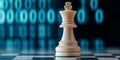 Chess king on digital board in modern strategy game design with futuristic binary code background, AI Generative