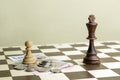 The chess king, pawn and money on a chessboard Royalty Free Stock Photo