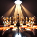 Chess king and queen pieces illuminated by spotlight on chessboard game strategy Royalty Free Stock Photo