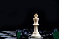 Chess king standing wins the game of chess setup on dark background. Chess concept save the king and save the strategy, game over Royalty Free Stock Photo