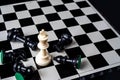 Chess king standing wins the game of chess setup on dark background. Chess concept save the king and save the strategy, game over Royalty Free Stock Photo