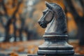 Chess knight on the background of the autumn forest., business challenge, strategy concept, generative ai