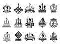 Chess labels. Sport stylized silhouettes of chess figures knight rook pawn vector illustration of badges