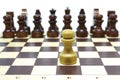 Chess, lone white pawn against enemies. Shallow DOF, focus on white pawn. Isolated on white