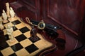 Chess made of natural wood antique pocket watch gun