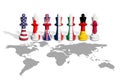 Chess made from USA, Canada, UK, France, Italy, Germany and Japan flags on a world map. Royalty Free Stock Photo