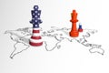 Chess made from USA and China with Russia flags on a world map. USA and China war. Royalty Free Stock Photo