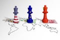 Chess made from USA, EU and China flags on a white background Royalty Free Stock Photo