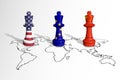 Chess made from USA, EU and China flags on a world map. Royalty Free Stock Photo