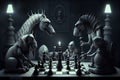 chess match in the nightmare world, with monsters and strange creatures as spectators