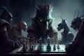 chess match in the nightmare world, with monsters and strange creatures as spectators