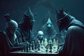 chess match in the nightmare world, with monsters and strange creatures as spectators